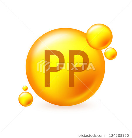 Vitamin PP gold shining pill capcule icon. Pill capcule vector illustration on white isolated background 124288530