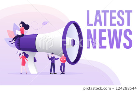 Flat template with megaphone people latest news for flyer design. Breaking news concept. Flat vector illustration. 124288544