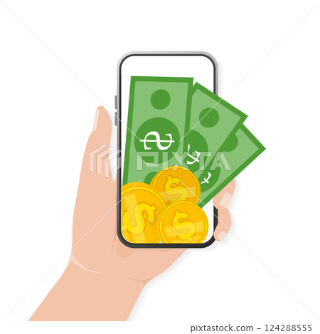 Mobile wallet. Internet banking app. Web design, mobile app. Hand holding smartphone. Phone icon vector. Smartphone screen. Mobile wallet. Internet banking app. Web design, mobile app. Hand holding smartphone. Phone icon vector. Smartphone screen. 124288555