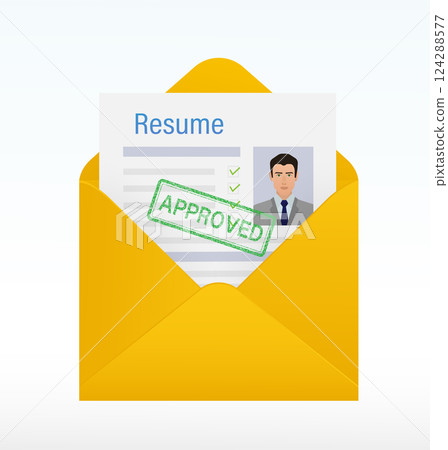 Approved resume in envelope. Approved and rejected. Yellow template on white background. Vector illustration. 124288577