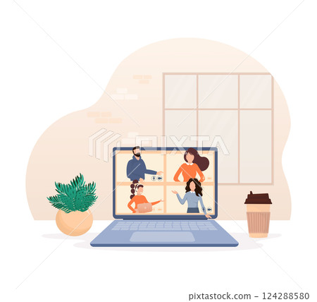 Flat illustration. Video conference. Video call between friends, chatting online by mobile app. Stay at home, work, communication remotely. Vector illustration. Flat illustration. Video conference. Video call between friends, chatting online by mobile app. Stay at home, work, communication remotely. Vector illustration. 124288580