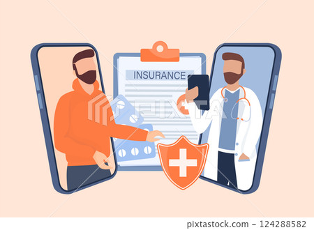 Flat illustration with online doctor. Doctor consultation. Vector illustration flat design. Video chat. 124288582