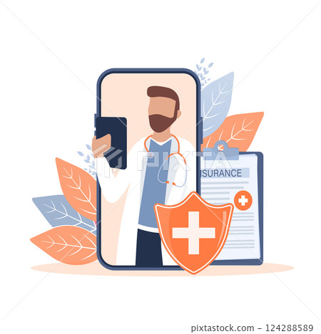 Flat illustration with online doctor. Doctor consultation. Vector illustration flat design. Video chat. 124288589