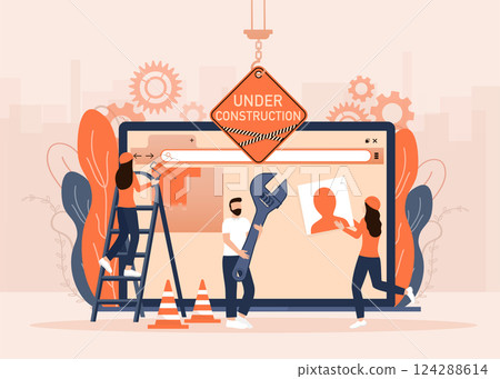 Flat under construction with people for web site design. Minimal design. Technology concept. Flat business template. Flat under construction with people for web site design. Minimal design. Technology concept. Flat business template. 124288614