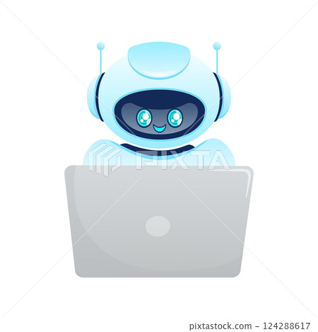 Support bot. Ai assistant. Flat icon with blue support bot on white background 124288617