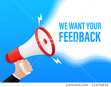 Template with blue we want your feedback hand holding megaphone on red background for flyer design. Vector illustration in flat style. 124288618