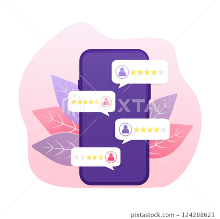 Flat illustration with golden rating people. Rating people with smartphone in flat style on white background. Vector illustration. Flat illustration. 124288621