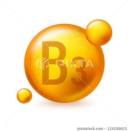 Vitamin B3 gold shining pill capcule icon. Pill capcule vector illustration on white isolated background 124288623