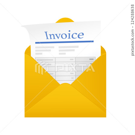 Flat icon with yellow invoice with envelope for financial report design. Isolated flat illustration. 124288638