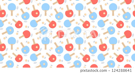 Seamless pattern with rackets and a table tennis ball. Sports equipment for ping-pong. A repeating print. Bright colored elements. Sports competitions, World Table Tennis Day. Seamless pattern with rackets and a table tennis ball. Sports equipment for ping-pong. A repeating print. Bright colored elements. Sports competitions, World Table Tennis Day. 124288641