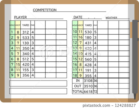 Image of a golf scorecard with a simple cover and a pencil Image of a golf scorecard with a simple cover and a pencil 124288827