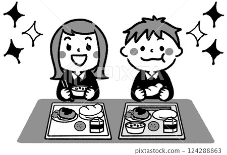 活潑快樂的孩子們吃學校午餐的插圖 活潑快樂的孩子們吃學校午餐的插圖 124288863