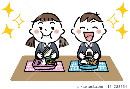 Illustration of cheerful children eating lunch 124288864