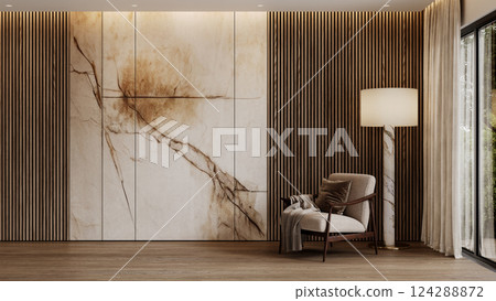 Contemporary interior with armchair, floor lamp, wall wood panels and parquet floor. 3d render illustration mockup. Contemporary interior with armchair, floor lamp, wall wood panels and parquet floor. 3d render illustration mockup. 124288872