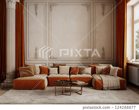 Classic interior with orange sofa and curtains, moldings, column, fur carpet, coffee tables and pillows. 3d render illustration mockup. Classic interior with orange sofa and curtains, moldings, column, fur carpet, coffee tables and pillows. 3d render illustration mockup. 124288877
