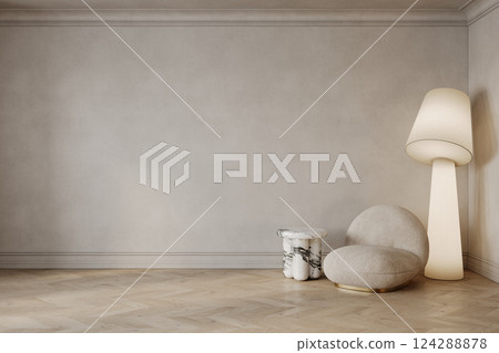 Classic beige interior with blank wall, armchair, floor lamp, coffee table and wood floor. 3d render illustration mockup. Classic beige interior with blank wall, armchair, floor lamp, coffee table and wood floor. 3d render illustration mockup. 124288878