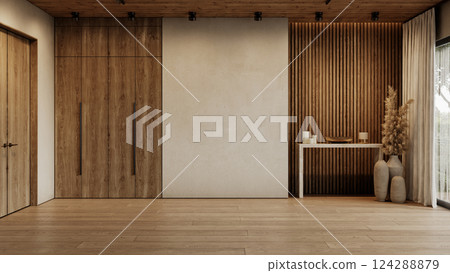Contemporary loft empty interior with wall panels, blank wall, pampas grass and marble console. 3d render illustration mockup. Contemporary loft empty interior with wall panels, blank wall, pampas grass and marble console. 3d render illustration mockup. 124288879