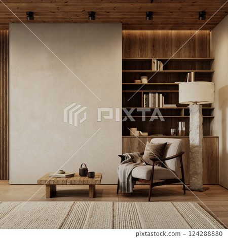 Contemporary loft interior with armchair, coffee table, carpet, floor lamp, shelves, wood ceiling and floor. 3d render illustration mockup. Contemporary loft interior with armchair, coffee table, carpet, floor lamp, shelves, wood ceiling and floor. 3d render illustration mockup. 124288880