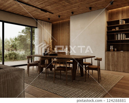 Contemporary loft interior with dining table, chairs, wood panels and ceiling, carpet and decor. 3d render illustration mockup. Contemporary loft interior with dining table, chairs, wood panels and ceiling, carpet and decor. 3d render illustration mockup. 124288881