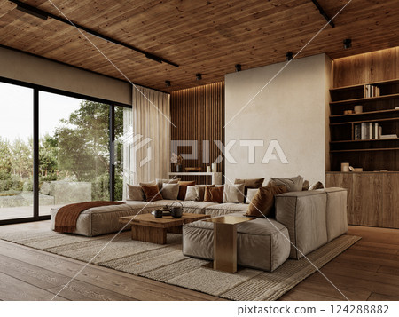 Contemporary loft interior with sofa, carpet, wood wall panels and ceiling, coffee table, pillows and decor. 3d render illustration mockup. 124288882
