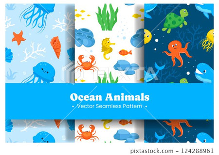 Oceans Seamless Pattern Design Featuring Ocean Decorative Elements in a Cartoon Flat Style Template Illustration 124288961