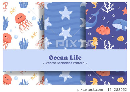 Oceans Seamless Pattern Design Featuring Ocean Decorative Elements in a Cartoon Flat Style Template Illustration 124288962