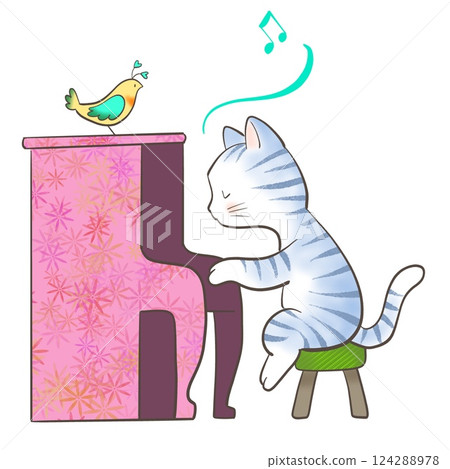 一隻貓開心地彈鋼琴的插圖 124288978