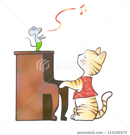 An illustration of a cat playing piano to accompany a mouse singing 124288979