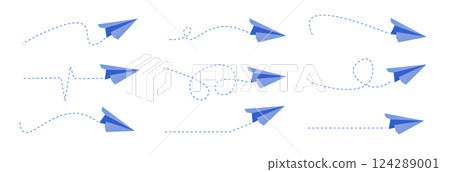 Blue paper plane arrows and dotted line paths 124289001
