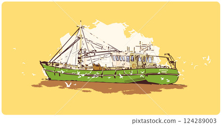 Color vector illustration of fishing ship from side view in North Sea with sea birds Color vector illustration of fishing ship from side view in North Sea with sea birds 124289003
