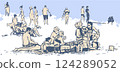 Illustration of people relaxing and sunbathing on the beach 124289052