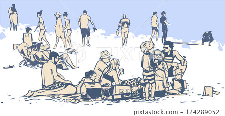 Illustration of people relaxing and sunbathing on the beach Illustration of people relaxing and sunbathing on the beach 124289052