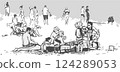 Illustration of people relaxing and sunbathing on the beach 124289053