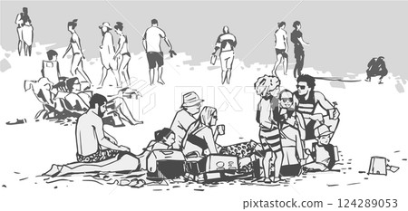 Illustration of people relaxing and sunbathing on the beach 124289053
