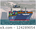 Color vector illustration of full commercial container ship from three quarter view 124289054