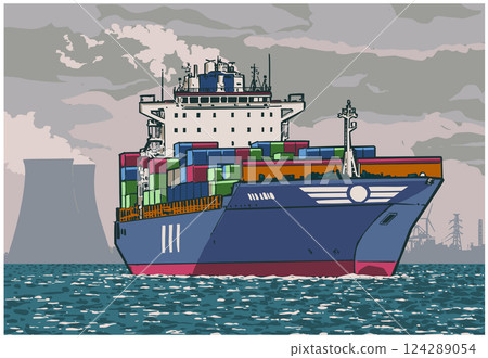Color vector illustration of full commercial container ship from three quarter view Color vector illustration of full commercial container ship from three quarter view 124289054