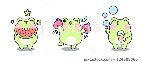 Kawaii frogs enjoying summer activities 124289060