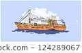 Color vector illustration of fishing ship from side view in North Sea with sea birds 124289067