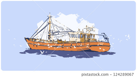 Color vector illustration of fishing ship from side view in North Sea with sea birds 124289067