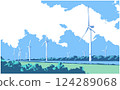 Vector illustration of wind turbines in perspective generating green energy in color 124289068