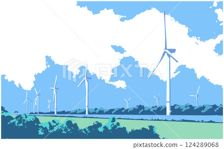 Vector illustration of wind turbines in perspective generating green energy in color Vector illustration of wind turbines in perspective generating green energy in color 124289068