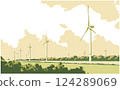 Vector illustration of wind turbines in perspective generating green energy in color 124289069