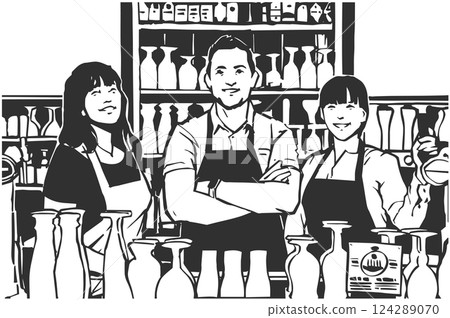 Black and white illustration of pub staff behind bar smiling 124289070
