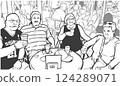 Black and white illustration of older couples sitting at table drinking and smiling 124289071