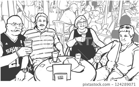 Black and white illustration of older couples sitting at table drinking and smiling 124289071