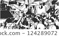 Black and white illustration of crowded pub bar in black and white 124289072