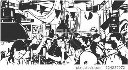 Black and white illustration of crowded pub bar in black and white 124289072