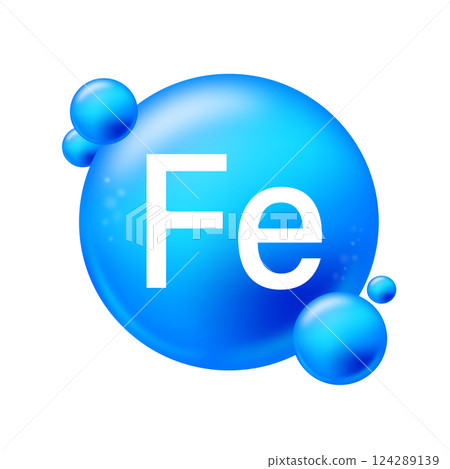 Ferrum, Fe. Icon structure chemical element round shape circle light blue. Chemical element of periodic table 124289139