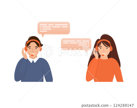 Call center, hotline flat vector illustrations. Smiling office workers with headsets cartoon characters. Character with headphones and microphone with laptop. 124289147