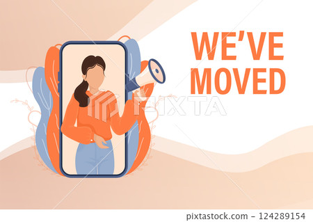 Template with we have moved girl holding megaphone on white background for flyer design. Vector illustration in flat style. Template with we have moved girl holding megaphone on white background for flyer design. Vector illustration in flat style. 124289154